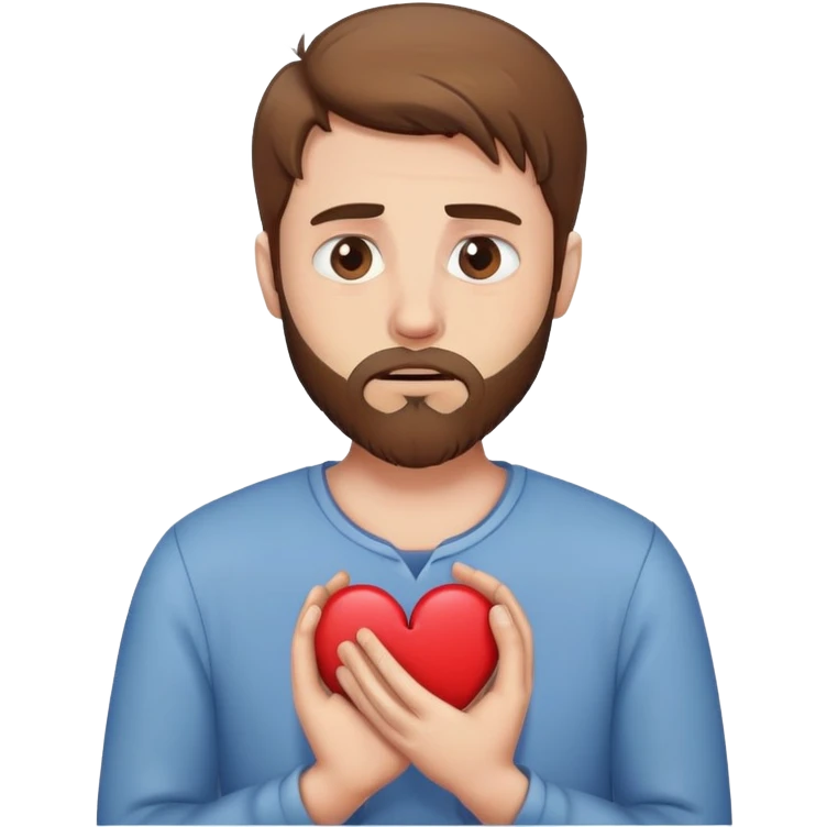 White man with brown hair and beard holding a broken heart with anxiety and begging emoji