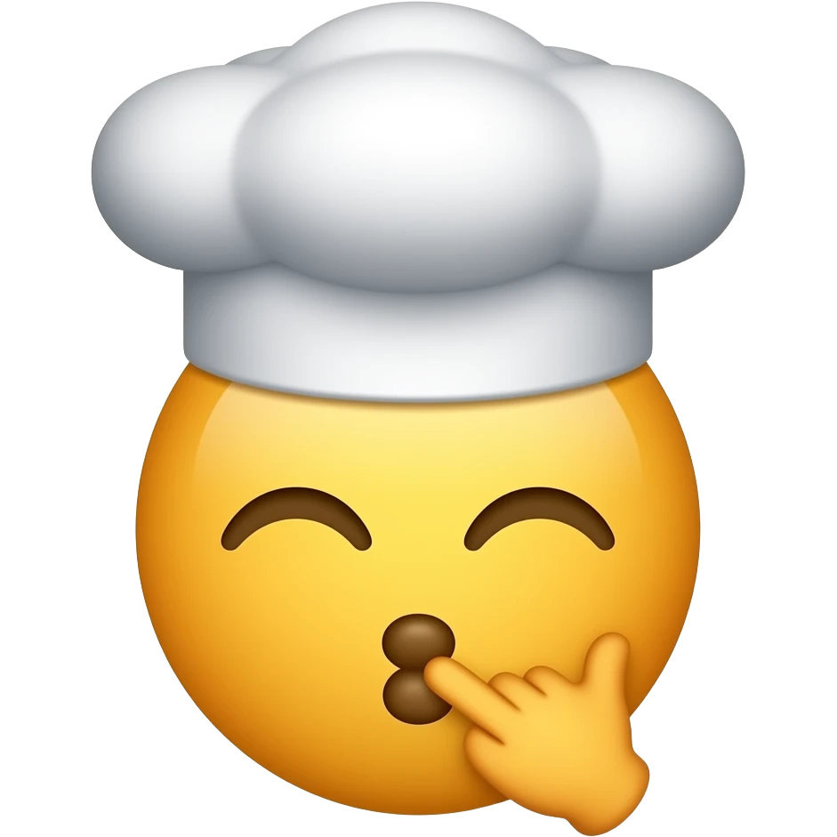 Minimalist chefs kiss emoji (singular chef head with the classic small yellow round emoji head look wearing a chefs hat with both of its eyes closed and it has one small hand (no arm attached to it) thats near its mouth and its kissing its hand blowing a kiss shape emoji
