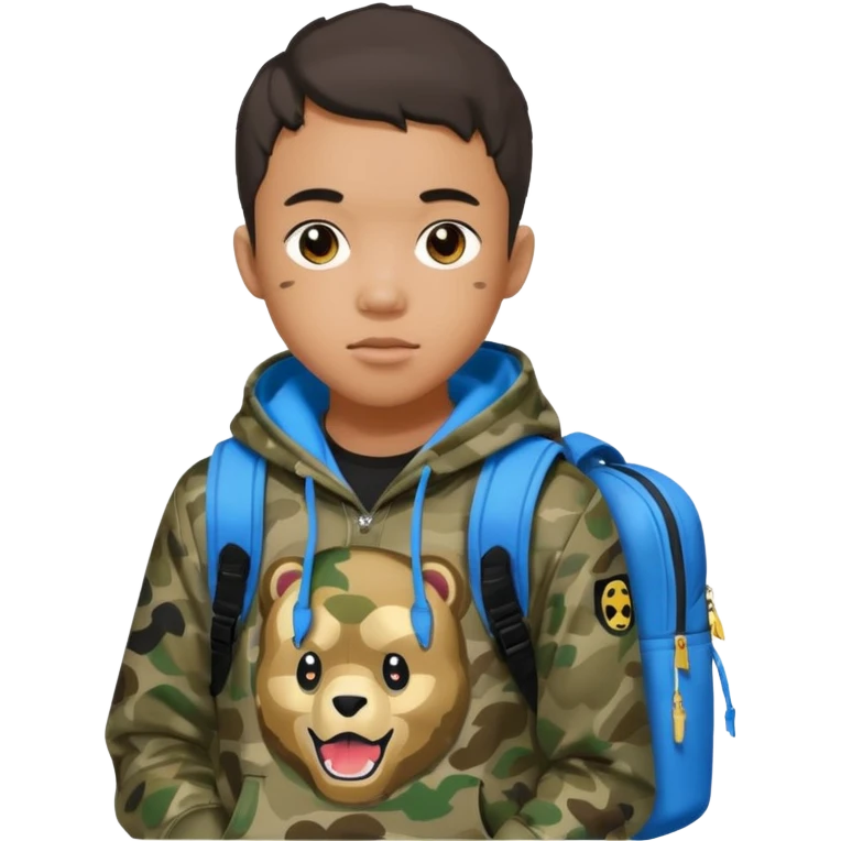 blasian teenager with bape hoodie and sprayground backpack emoji