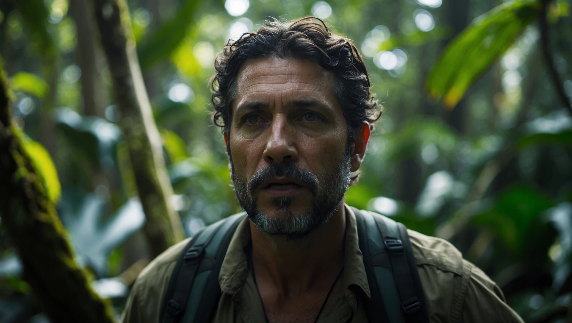 cinematic still, documentary photography, amazon jungle, well lit scene, man is exploring the jungle, close up, front shot, rule of thirds emoji