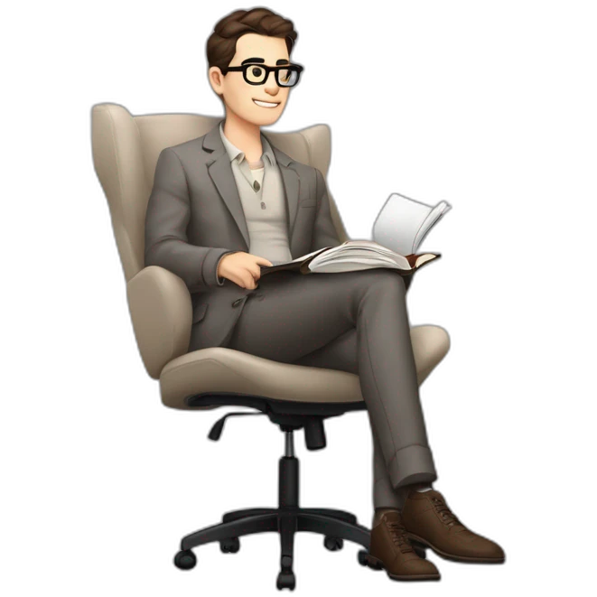 Pale skinned Fit Man With dark brown hair in gray jacket, beige office shirt, Brown pants and vintage glasses sitting In a soft chair with a notebook on spring with emblem Ψ and a pen emoji