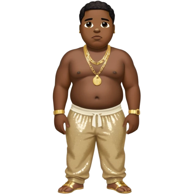 Biggie Smalls with ivory sequin baggy pants, shirtless with necklace emoji