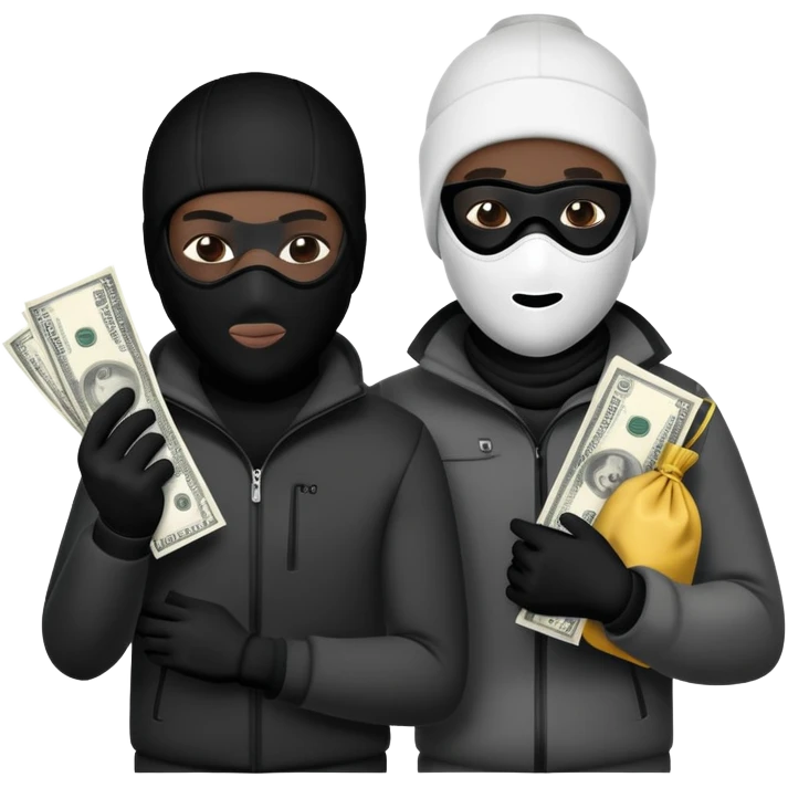 Two men one white and the other black one Ski mask holding money bag with black skin color black and white money bag emoji
