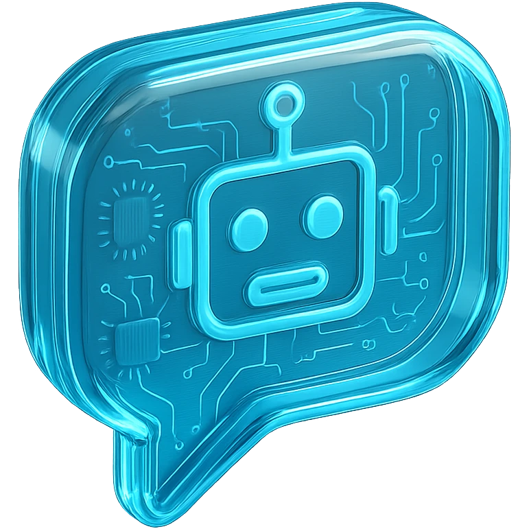 Icon of a speech bubble with a robot face, cyan blue emoji