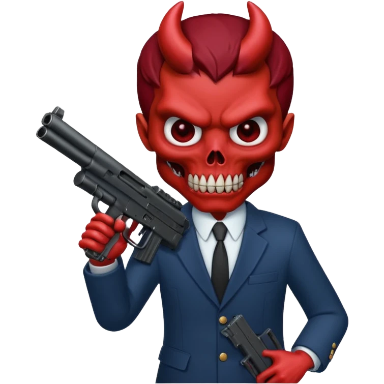 A Demon from hell that is dressed like a fbi agent with a machine gun, full body pointing the machine fun to the left. In the style of your bleeding skull artwork. emoji