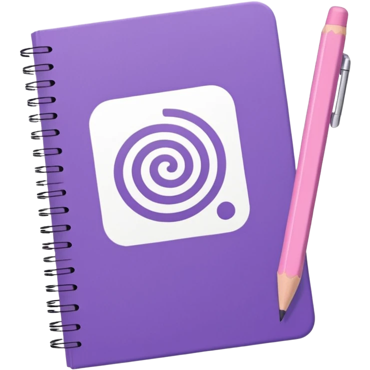 soft purple notebook with spiral binding, white text 'schedule' on the cover, soft pink pencil on it, iOS emoji style emoji
