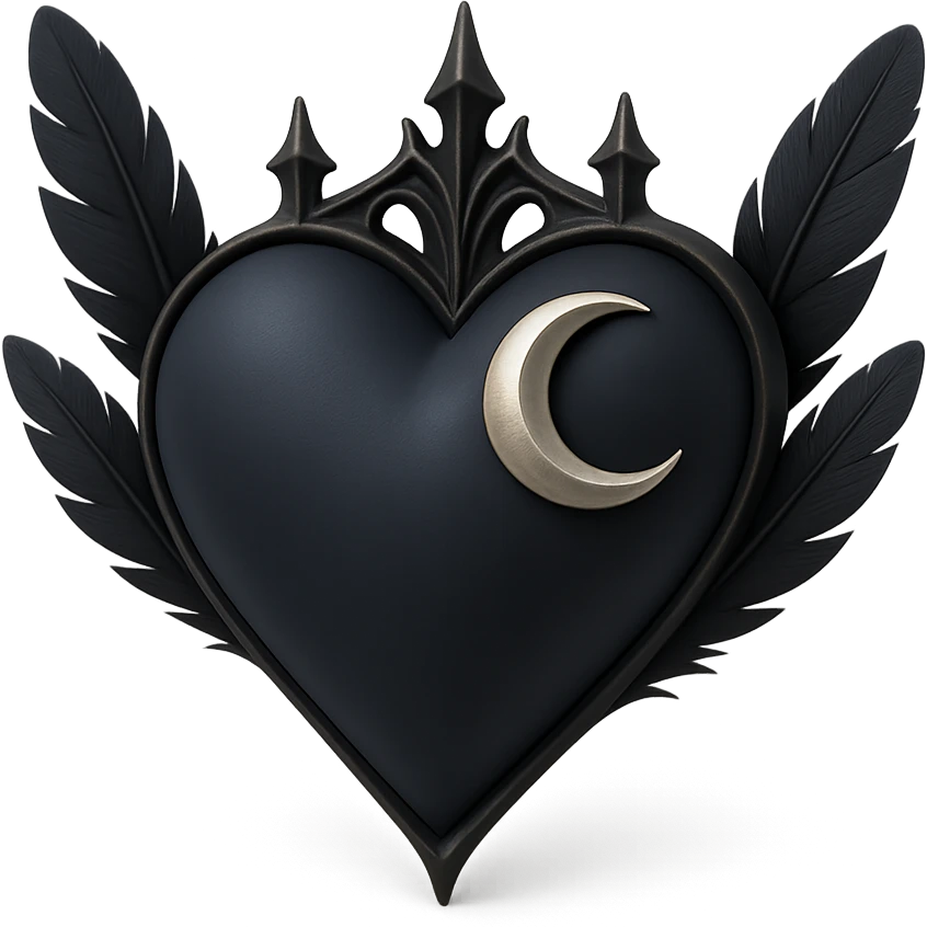 gothic heart in 3D black style, midnight blue satin texture, silver crescent moon, feather accents, moody and rich emoji