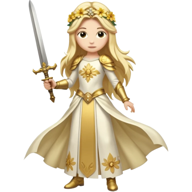 Lumine (from Genshin Impact) White and golden clothes, blonde, long-haired, with a big flower on side of head and with a sword (full body) emoji