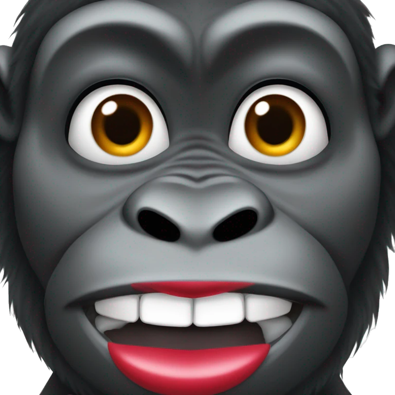 Gorilla with very long eyelashes and very big red lips hold lipgloss next to its head emoji