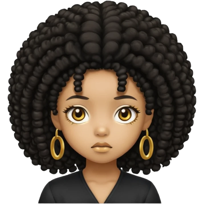 Create a black chibi girl with long afro hair and beautiful gold eyes give her a confusing expression  emoji