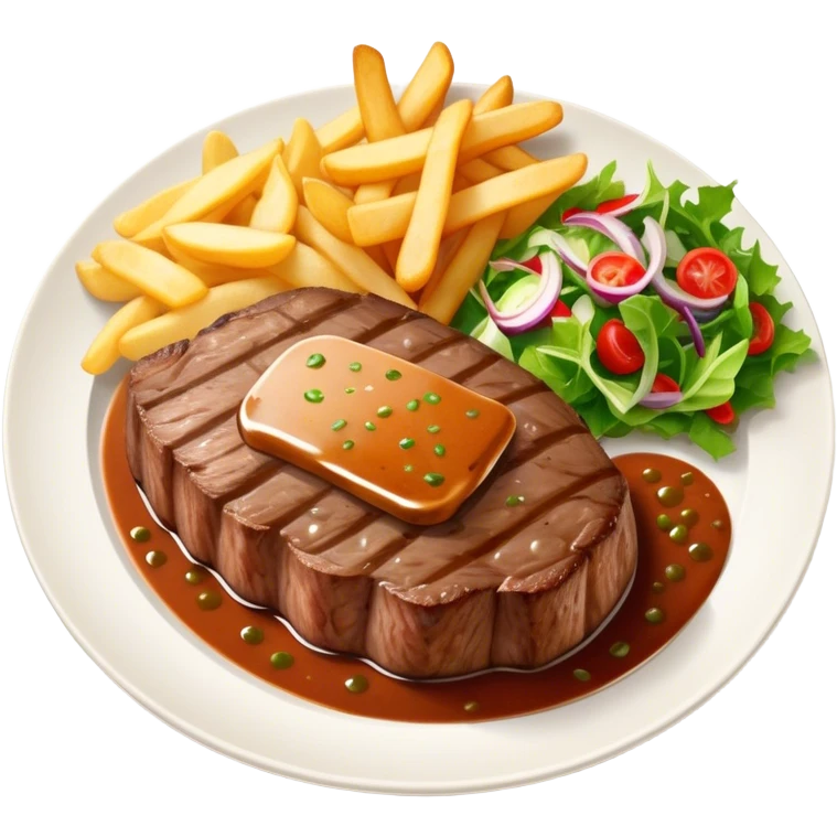 big juicy australian steak meal featuring chips, small salad in a ramiken and gravy  emoji