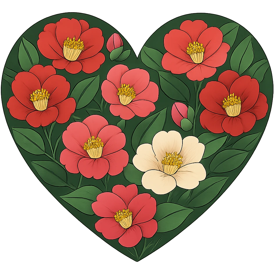 heart with a vibrant camellia garden, clean digital illustration emoji