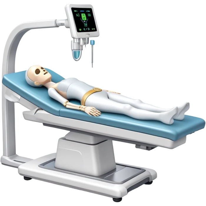 3D medical DEXA scan machine with patient lying on table, bone density measurement equipment emoji