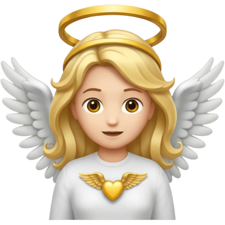 "Um emoji de anjo com cabelos loiros, um halo, asas, segurando um sinal de 'compartilhar' em letras em negrito." emoji