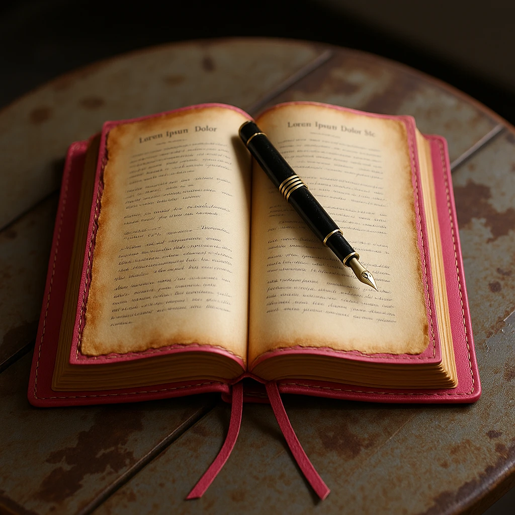 Change the leather cover of the diary to pink, diary open with a pen resting on the page, realistic and detailed style. emoji