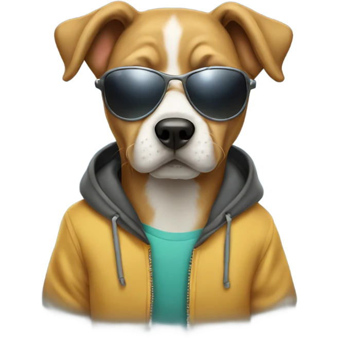 Dog wearing a hoodie with sunglasses emoji