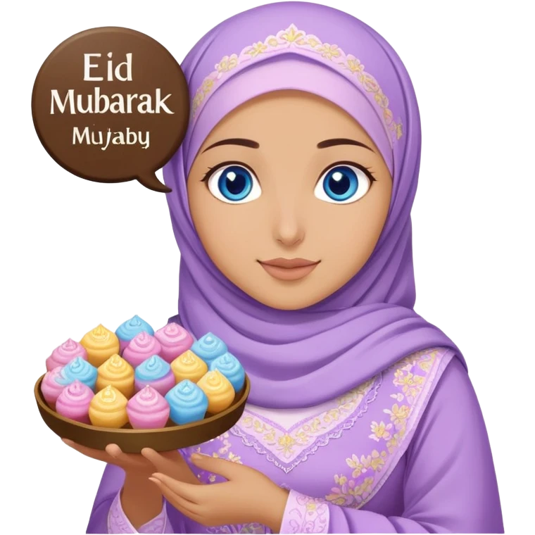 Turkish beautiful finish Konya girl blue eyes with lilac floral hijab islamic dress and had on her hand text Eid Mubarak with sweets and celebrating with her friends eid days   emoji