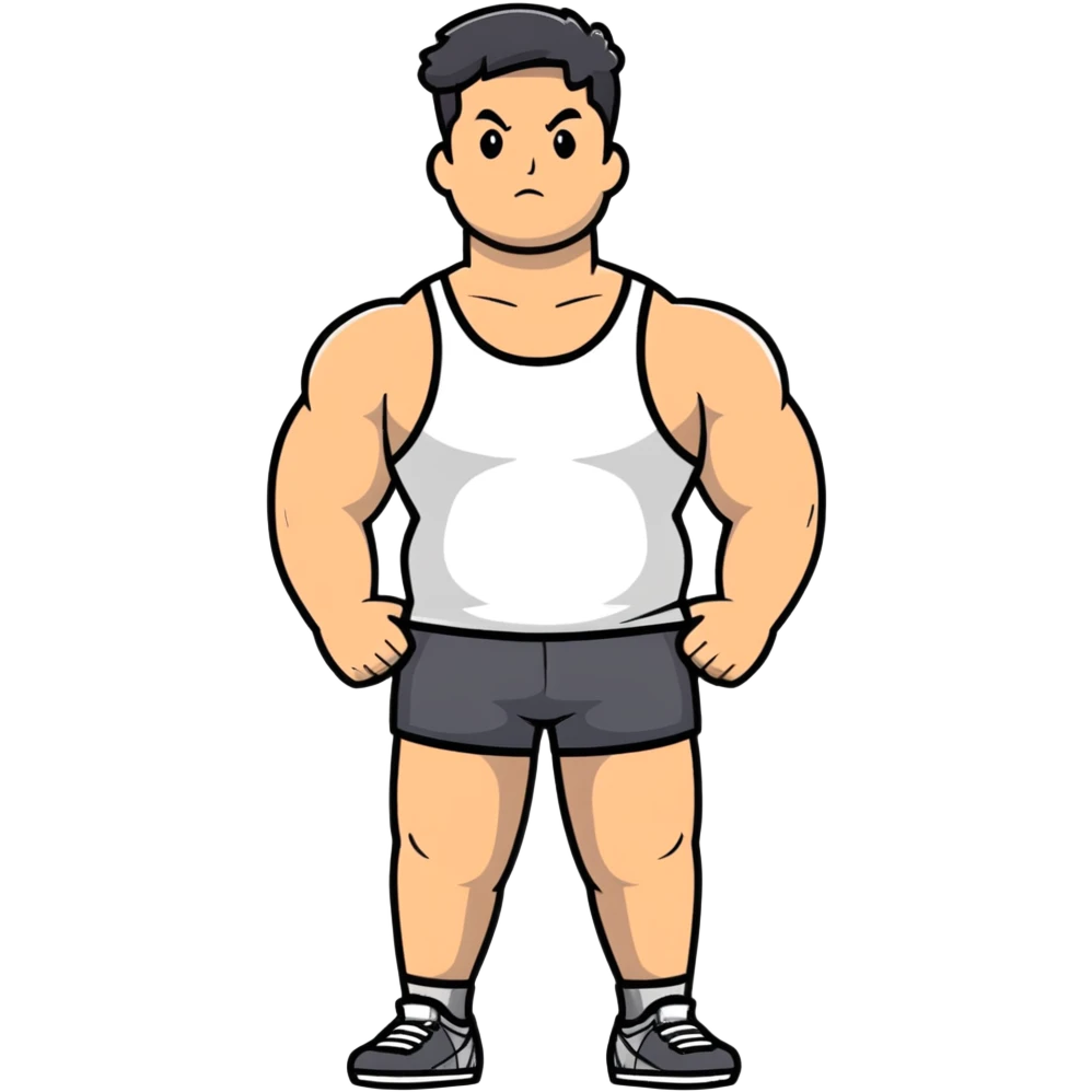 full body bulky male figure standing wearing athletic clothes, muscular build, not overweight but not skinny, tank top and shorts emoji