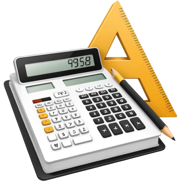 Minimalistic flat vector icon, iOS style, thin black contour on white background. Open textbook with a ruler and triangle on top, calculator next to it. No text, no shadows.
 emoji