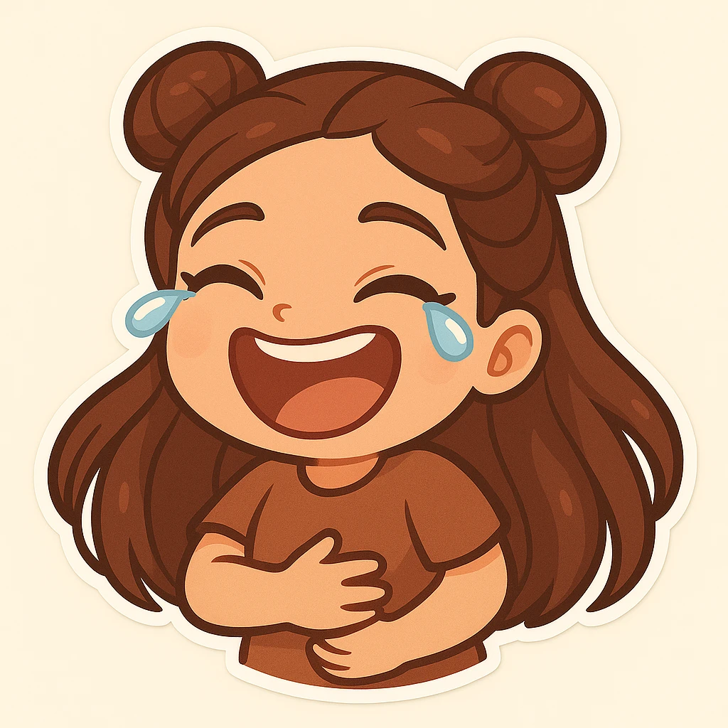 Create a chibi sticker of the girl with double bun hairstyle, laughing to tears, holding her stomach with one hand, very happy and joyful. emoji