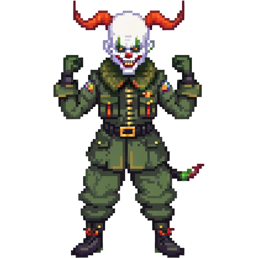 evil clown soldier, bald, short devil horns on forehead, fangs, pointed ears, black and military green clothes, fighting stance emoji