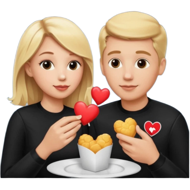 Couple with blonde hair wearing black eating chick filet hearts and outer space in the background. 
 emoji