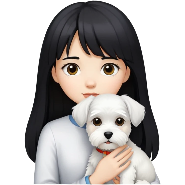Girl with long black hair and bangs holding a white schnauzer dog emoji