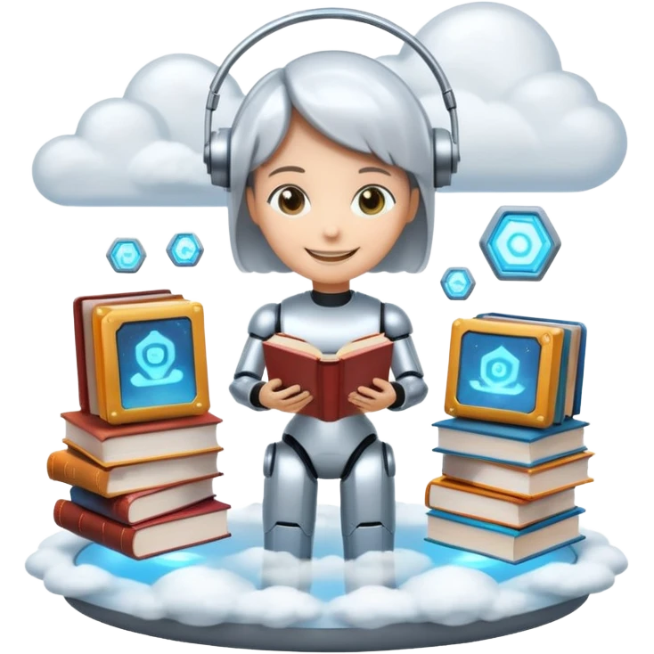 “A futuristic library floating in the clouds, filled with glowing books and holographic screens, with a friendly robot librarian.” emoji