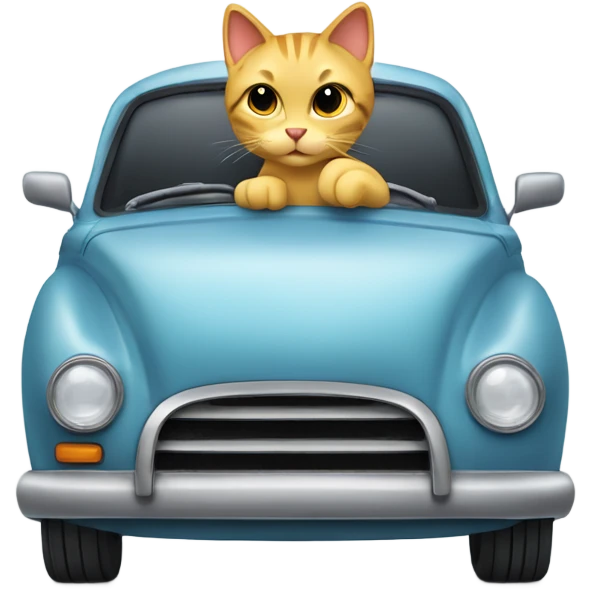 A cartoon emoji-style car with a curious cat peeking out from the open hood of the engine compartment. emoji