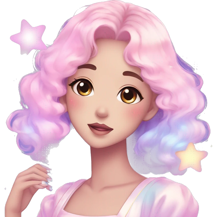 Gorgeous pastel anime style lady blushing nebula gradient sparkle face dreamy idol model colorful shiny stars galaxy kawaii cottagecore pearly petite simplistic aesthetic trending style emoji