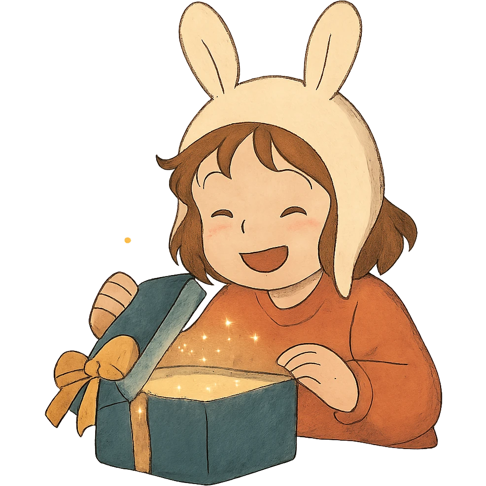 happy cutie girl in bunny hat opening a glittery gift box emoji