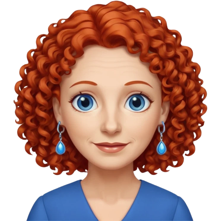 una profesora mayor simpática con el pelo rojo rizado, ojos azules, vestido azul y pendientes azules emoji