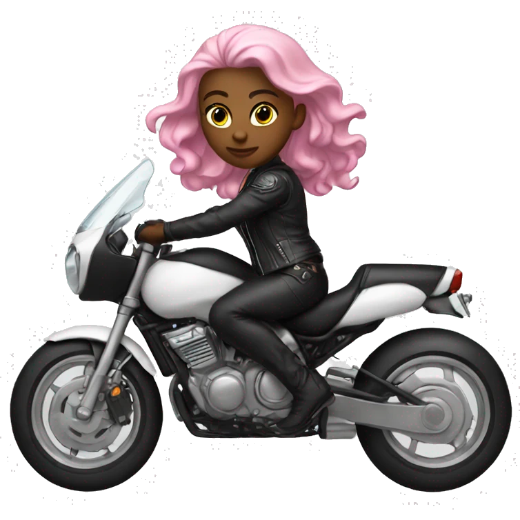 A White Goddess, with Pink Hair Riding a Motorcycle, in Black leather outfit emoji
