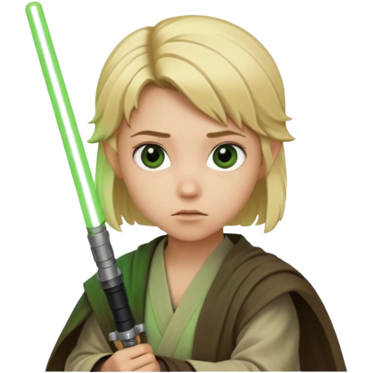 Young jedi with blonde hair holding a green lightsaber emoji
