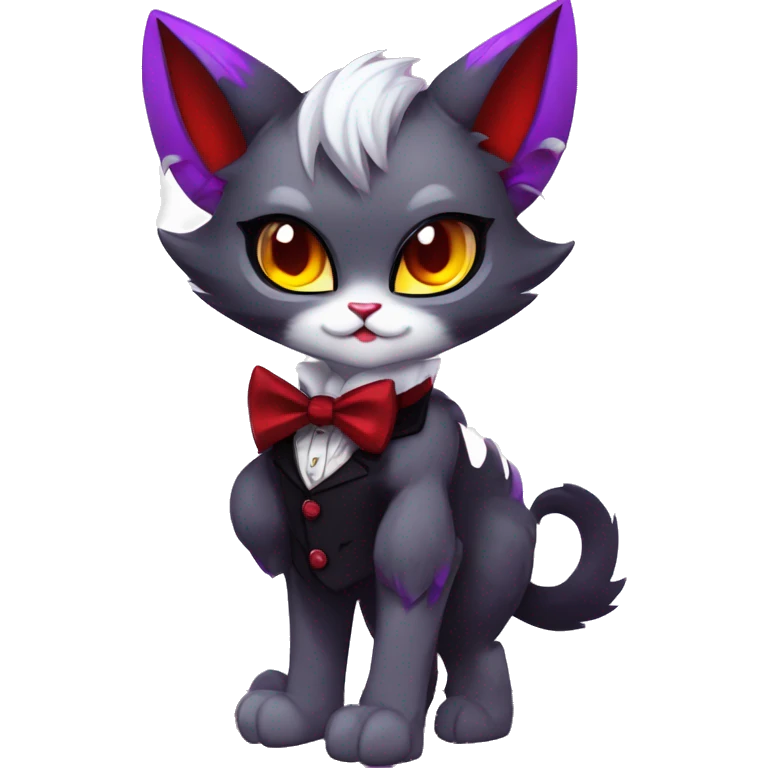 Anthro-Cute-Edgy-Vampiric-Batty-Cat-Black-Purple-Red-Grey-White-Yellow-Contrast-Colors-Fantasy-Fur-Sona-Chibi-Shiny-Fakémon-Hybrid with horns and big fangs collar bow ties leg spats full body emoji