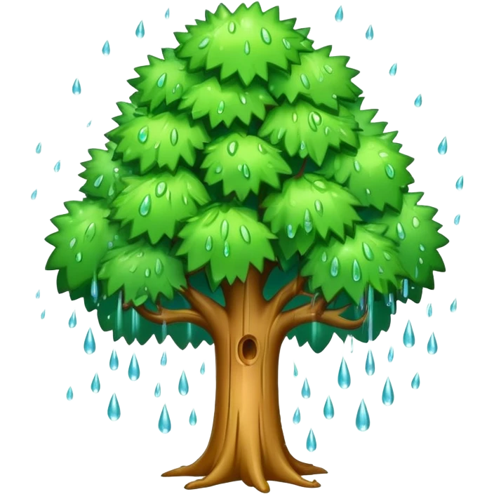 a cartoon tree with trunk intact, top exploding into rain droplets emoji