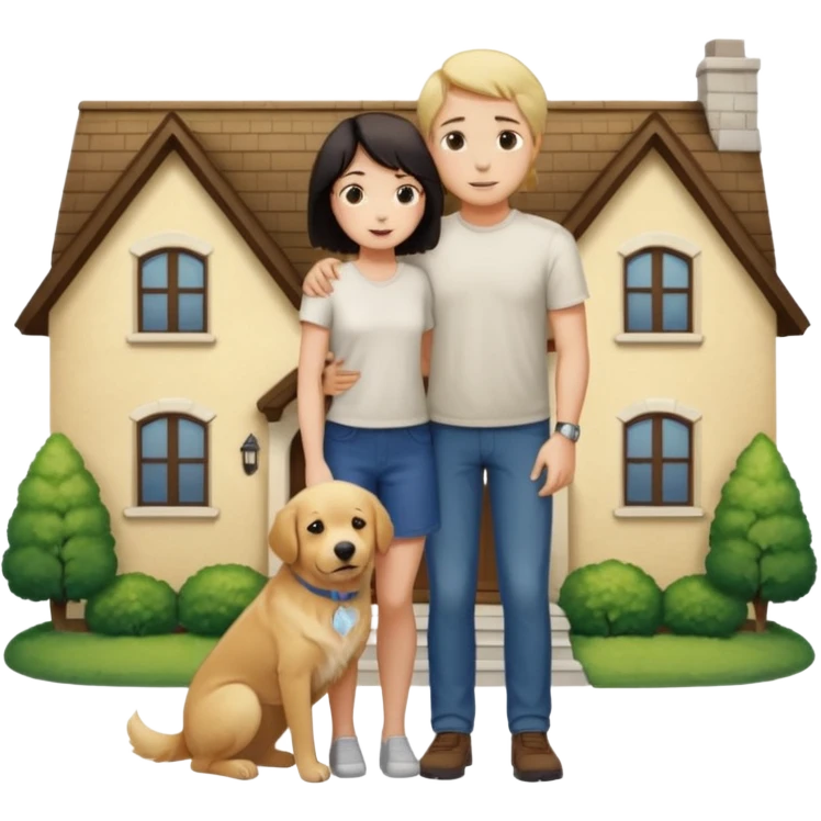 Девушка с тёмными короткими волосами стоит на фоне большого дома рядом с ней мужчина со светлыми волосами обнимаются рядом собака emoji
