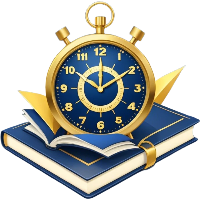 A navy blue productivity book with gold details, running clock and chart with upward trend aura, radiating productivity, strategy, and success in motion with time and happiness yellow... power in time emoji