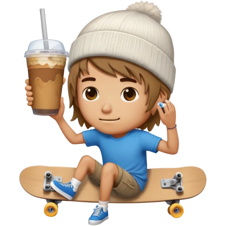 Skater Boi Boyfriend Emoji beanie, messy hair, bandaid, skateboard, iced coffee, chill eyes, emoji