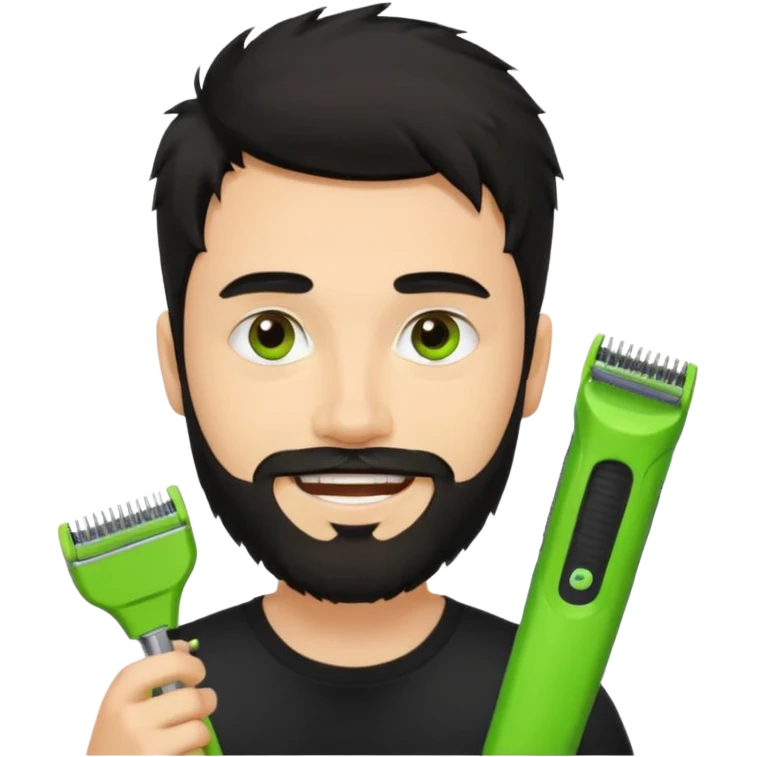 young handsome fair-skinned man with messy black hair and beard, smiling, wearing a black t-shirt, holding one small true-to-size bright lime green face beard trimmer, iOS emoji style emoji