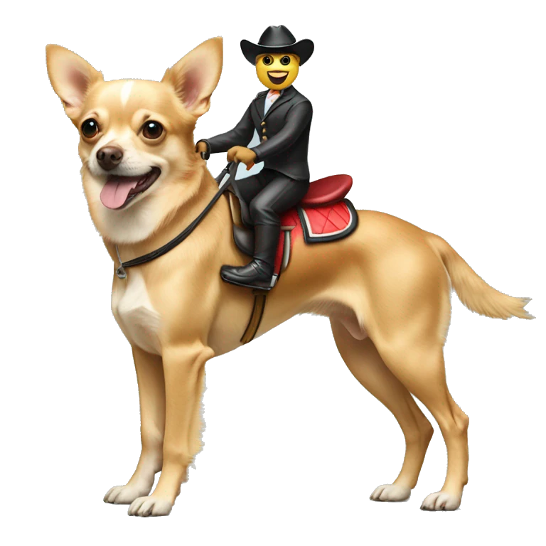 chihuahua riding on top of a golden retriever like a horse jockey  emoji