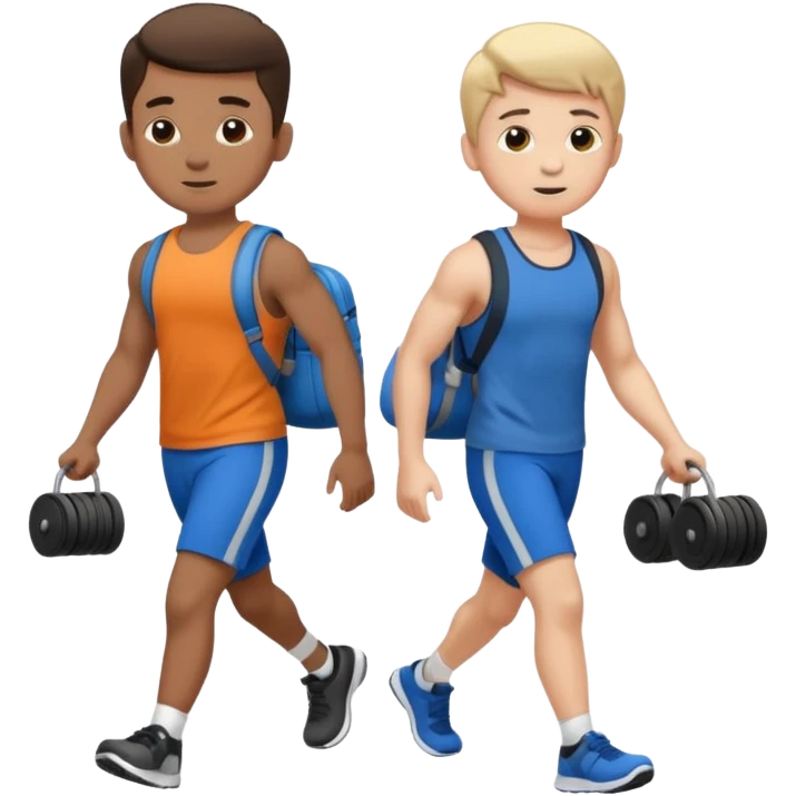 two boys walking, wearing gym clothes and carrying gym equipment, full body emoji