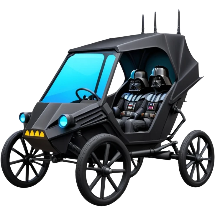 Mad max survival apocalypse ghostly sporty Darth Vader’s Batman-armored 1876 black graphite colored enclosed twin seat town buggy with horizontal holographic 3d stars painted on the body sides and neon under glow  emoji
