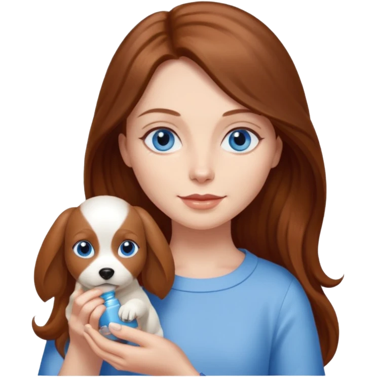 long hair chestnut color blue eyes woman holding small cream dog emoji