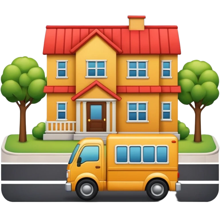 apple style emoji of a truck, package, house, and company building connected by street lines, clear layout, friendly look emoji