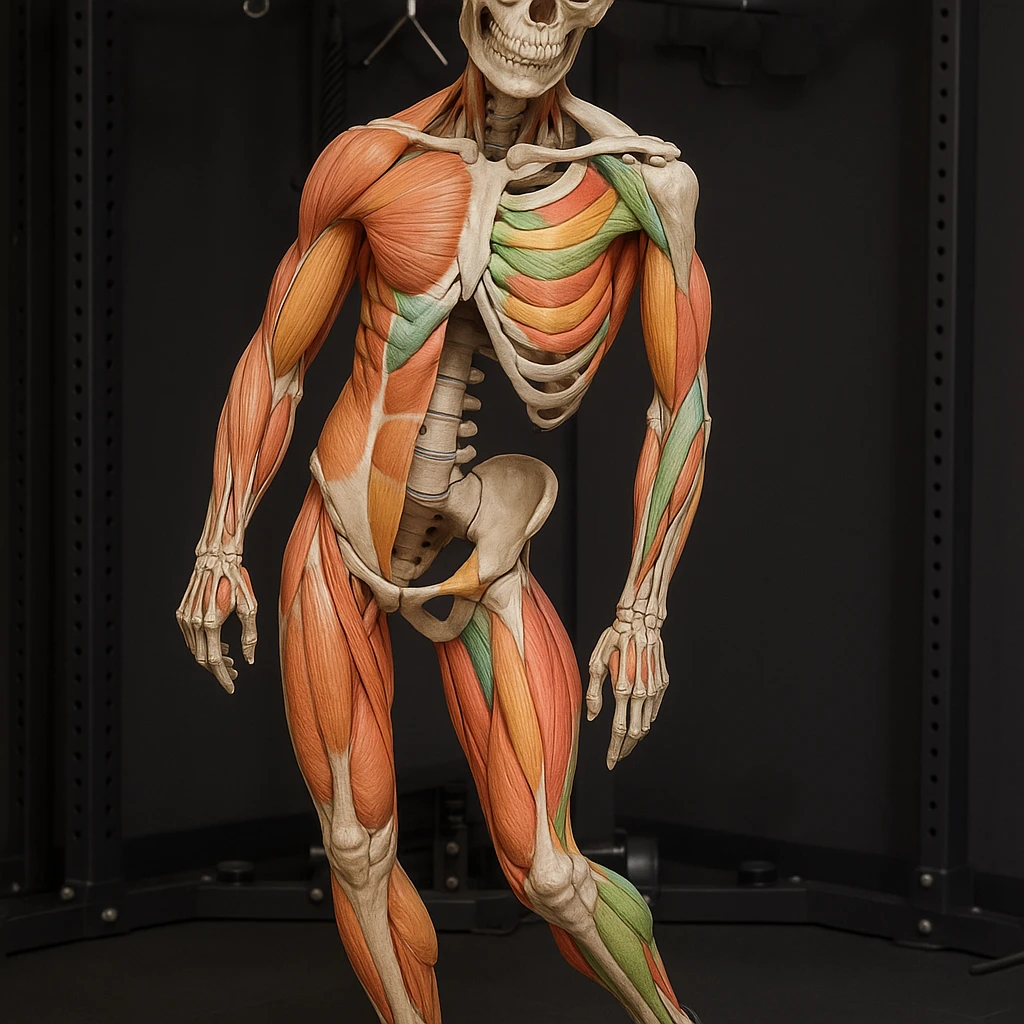 Hyperrealistic anatomical view of the same pose: tilted pelvis, valgus knee, pronated foot, with detailed visible bones and muscles, gym environment, 4K quality. Variant 4: highlight the involved muscles with different coloring. emoji