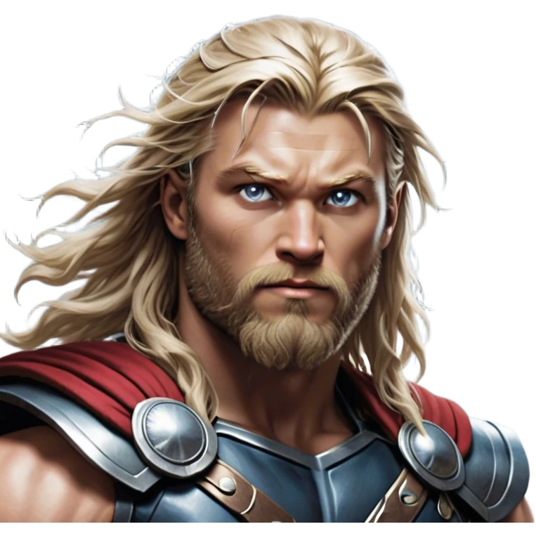 Cinematic Realistic Thor Portrait, depicted with lifelike skin texture and a commanding, muscular build that radiates divine strength. His piercing eyes, framed by rugged, flowing hair and a well-groomed beard, exude both determination and amiable authority. Clad in his signature armor with subtle hints of mystical lightning, the portrait is rendered in dynamic natural lighting with a radiant, heroic glow. emoji