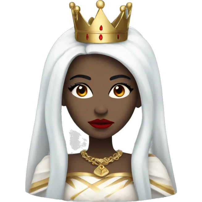 Queen with pale white skin, evil stare, icy blue eyes, bright red lips, long black hair, gold crown, and white robes. emoji
