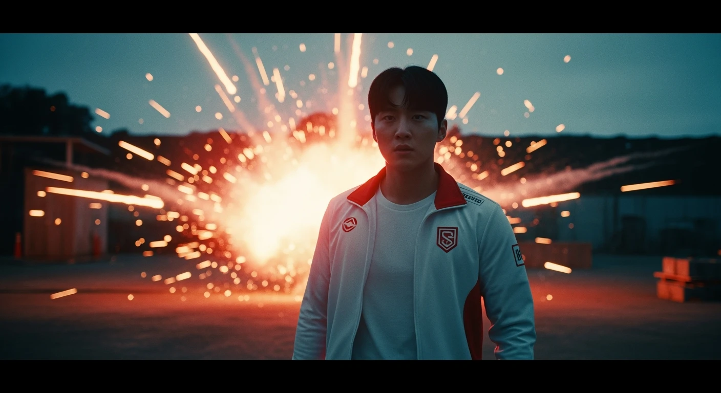 Cinematic still from "squid game" character movie, explosion in background emoji