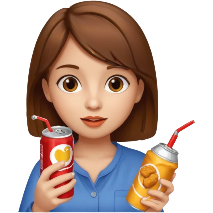brown hair girl eating chicken nugget and holding a soda can emoji